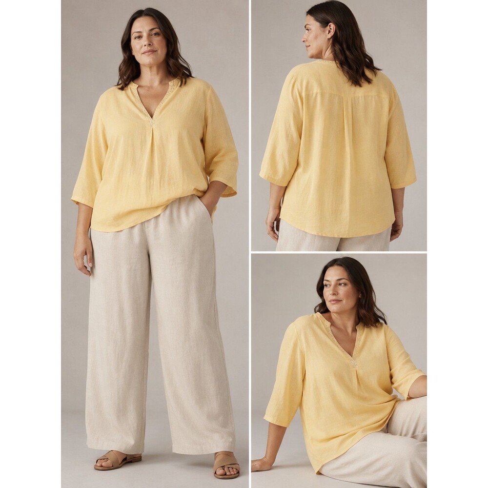 Eileen Fisher Irish Linen Tunic Top Plus Sz 2X Butter Yellow Sequin Trim Coastal